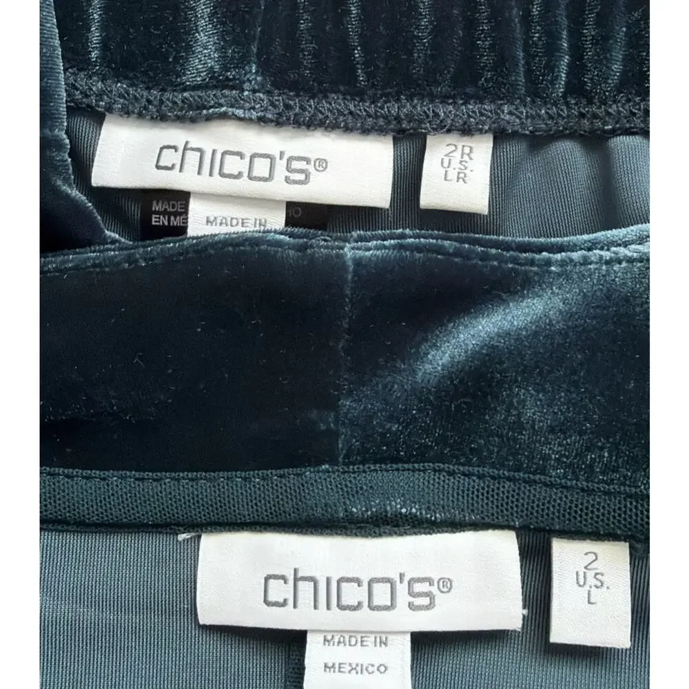 Chico’s Velvet 2 Piece Set Womens Large Teal 3/4 Sleeve Pull On Pants Relaxed - Picture 3 of 10